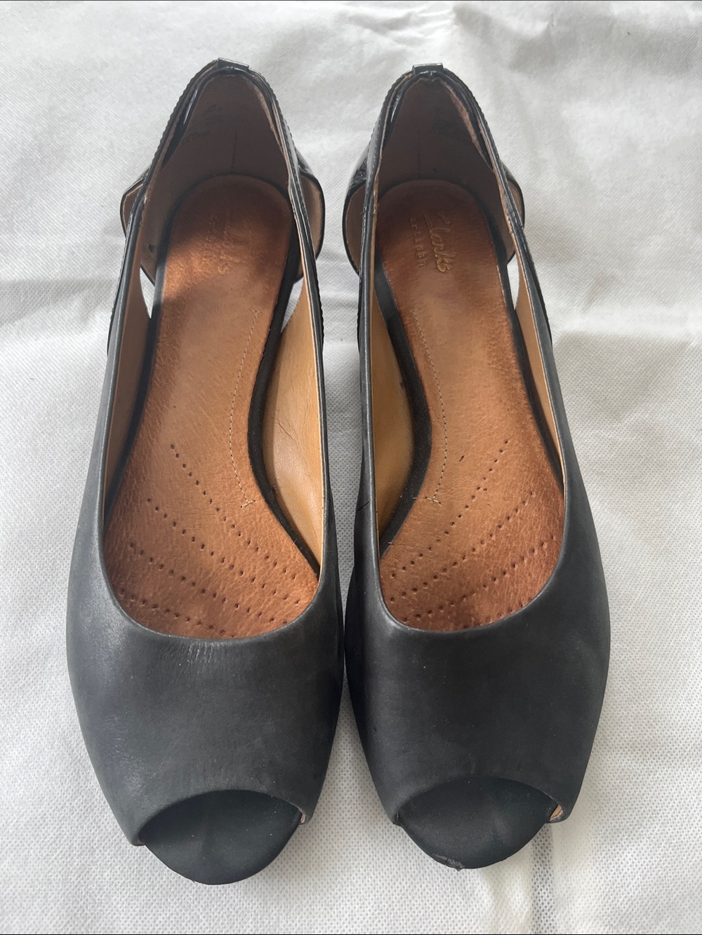 Clarks Black Leather Open Toe Flats